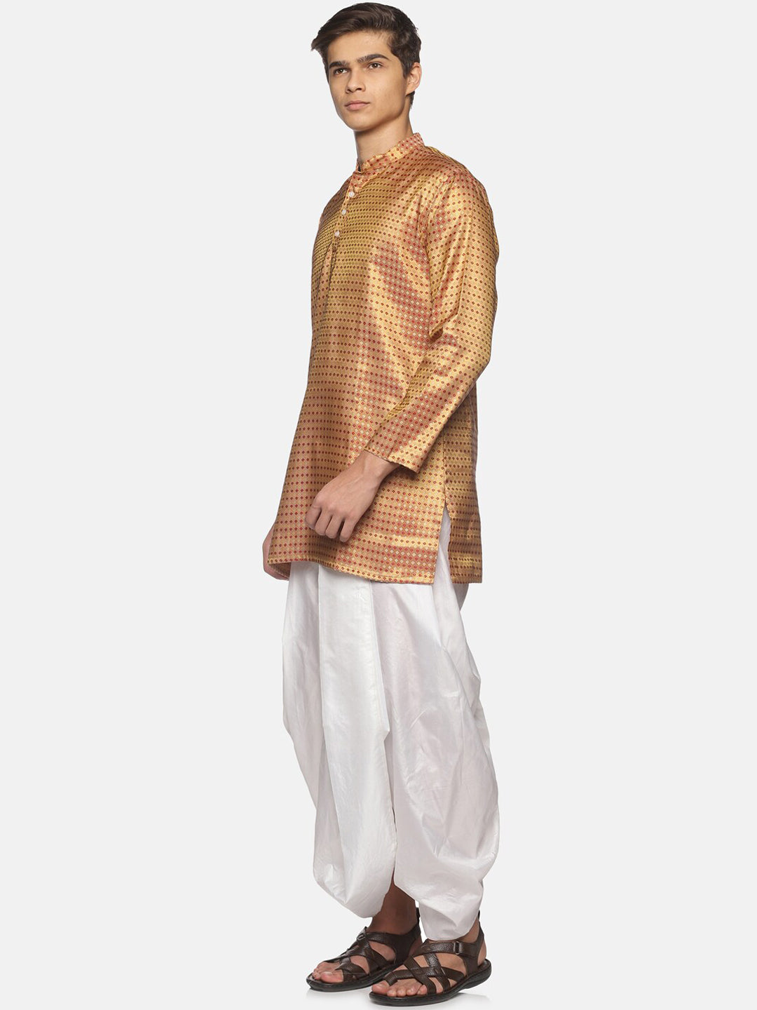 Sethukrishna Men Art Silk Golden & Red Kurta with Dhoti Pants
