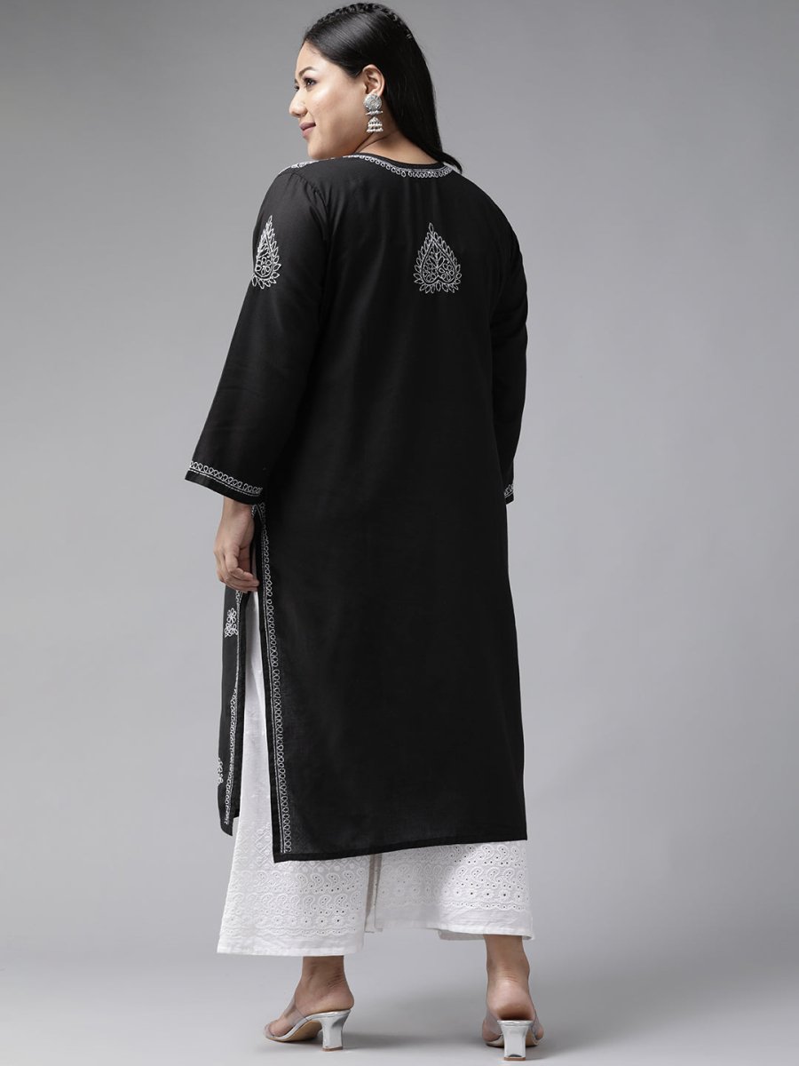 ADA Women Plus Size Black & White Chikankari Hand Embroidered Sustainable Straight Kurta
