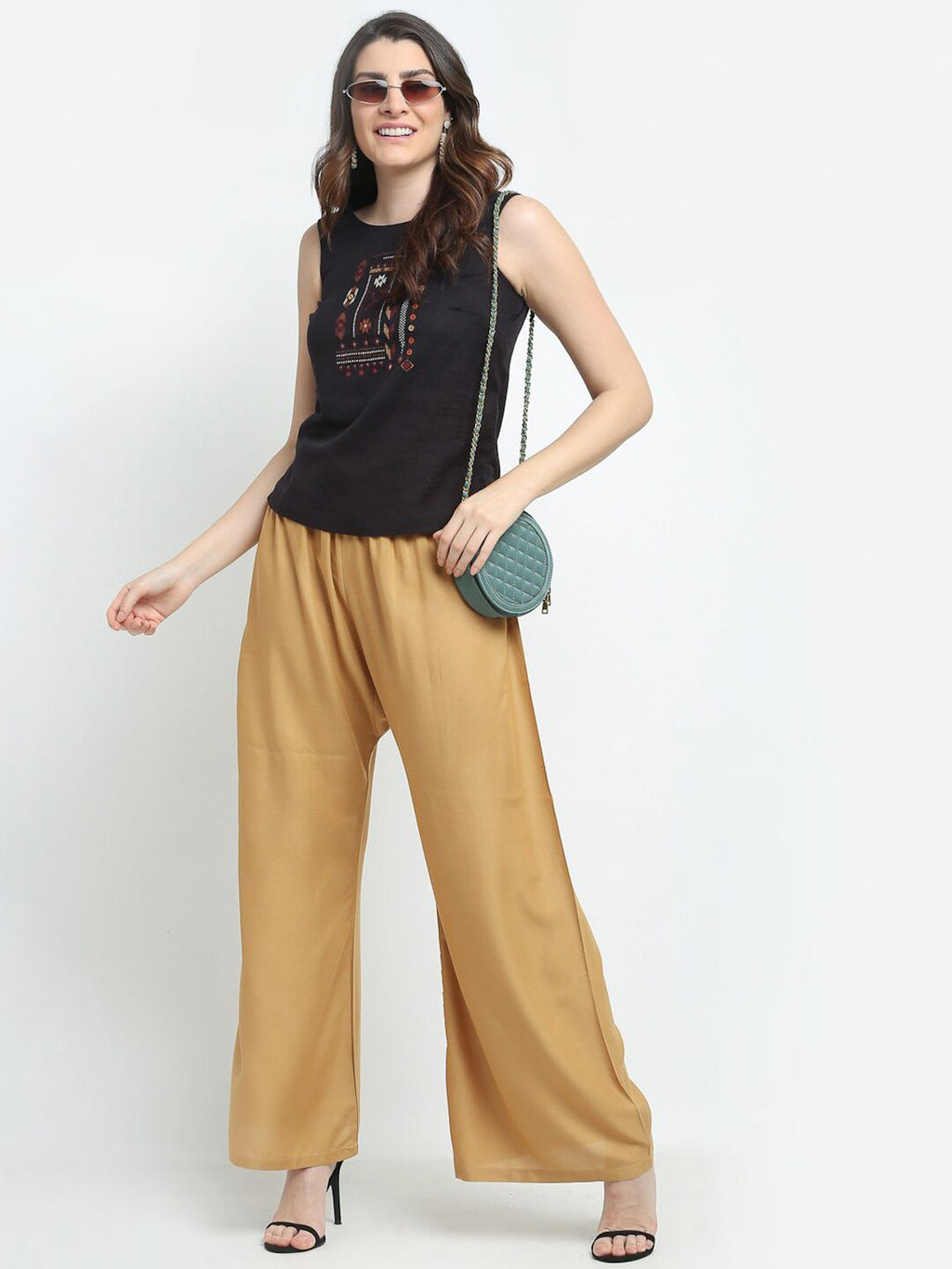 TAG 7 Women Pack of 2 Black & Beige Solid Wide-Leg Palazzos