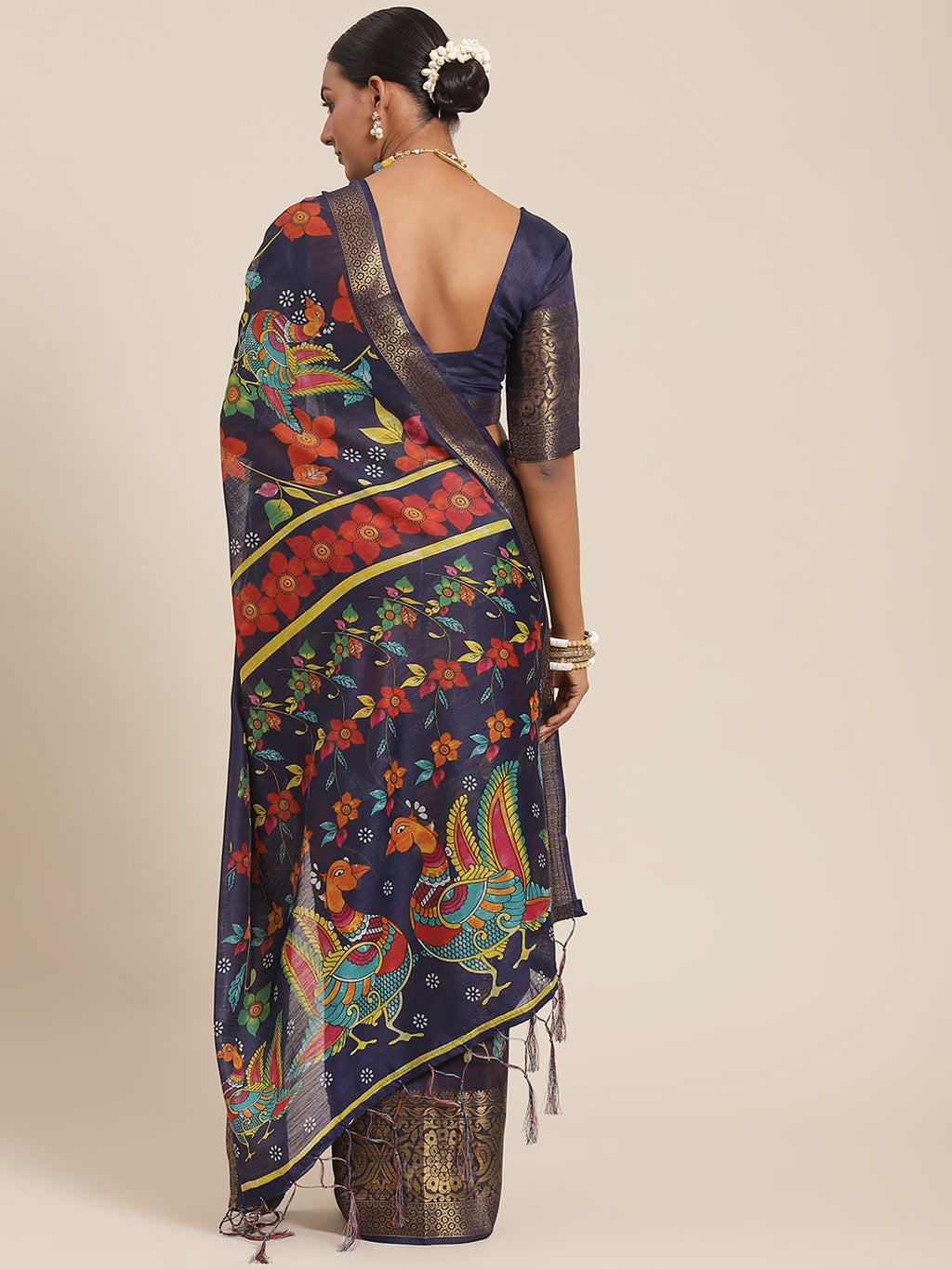 Saree Mall Navy Blue Kalamkari Saree