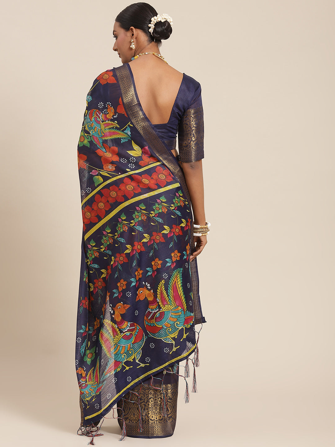 Saree Mall Navy Blue Kalamkari Saree