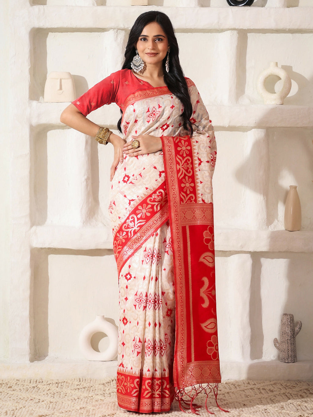 Shree Shyam Fashion Linen Cotton Red & White Saree