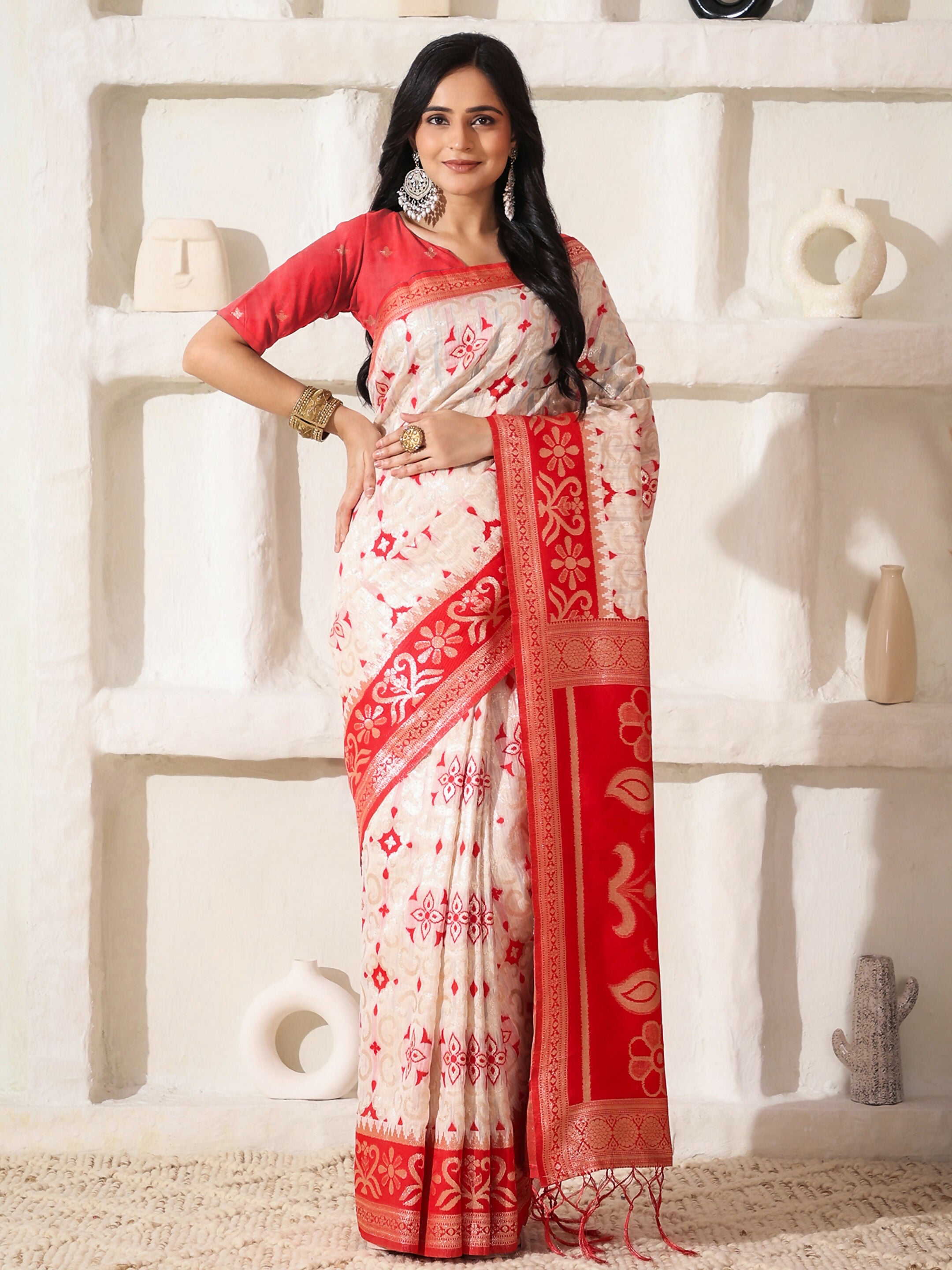 Shree Shyam Fashion Linen Cotton Red & White Saree