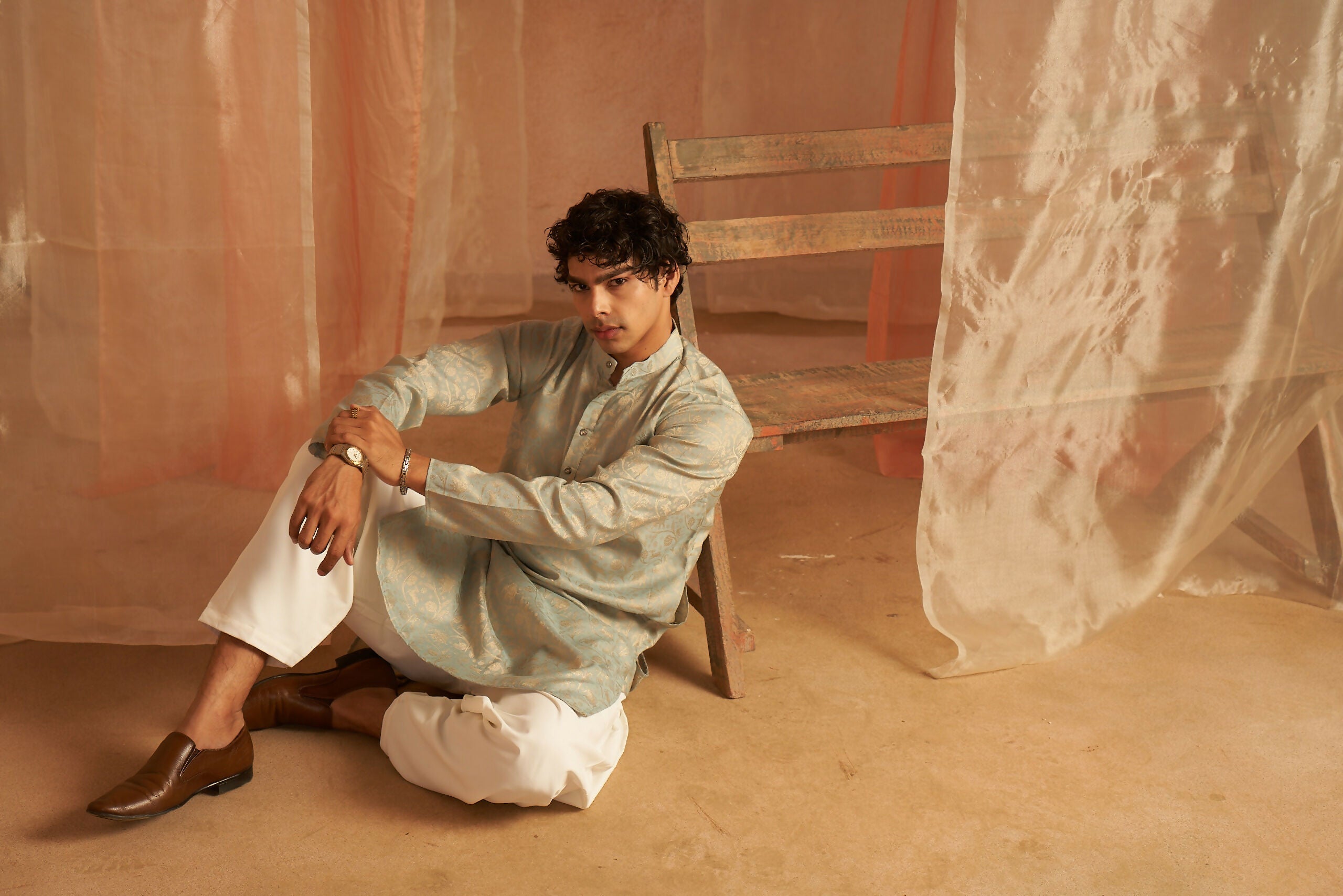 Light Blue Viscose Wevon Designer Men's Kurta Set - Mahotsav