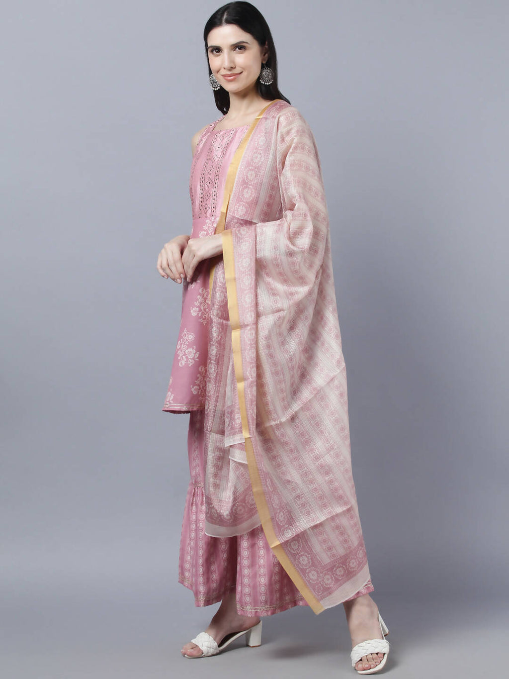 Myshka Women Peach-Coloured White Floral Printed Kurta with Sharara With Dupatta Set