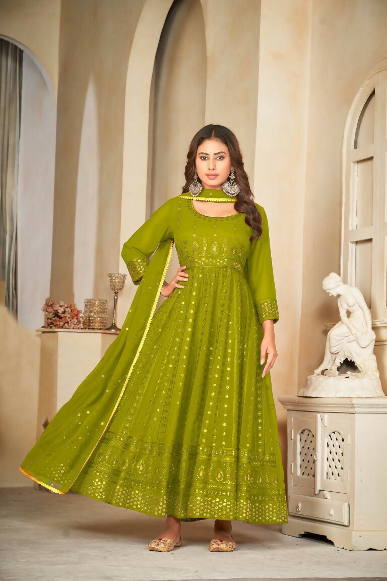 Jyoti Fashion Women's Mehendi Georgette Embroidered Anarkali Kurta Pant Set With Dupatta