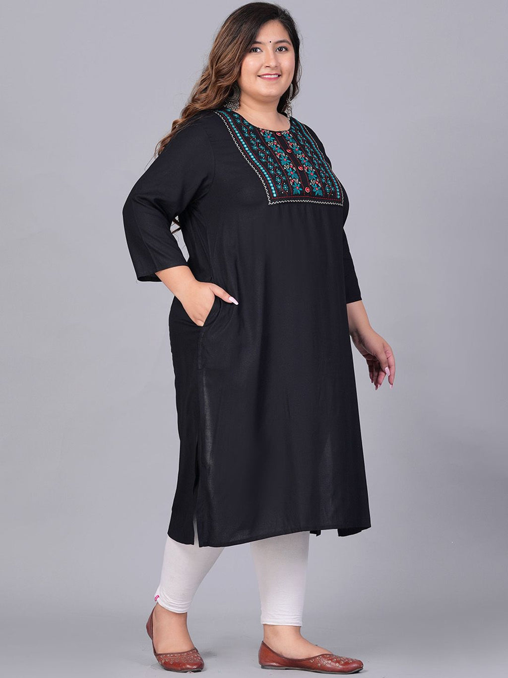 Sztori Plus Size Floral Embroidered Yoke Mirror Work Straight Kurta