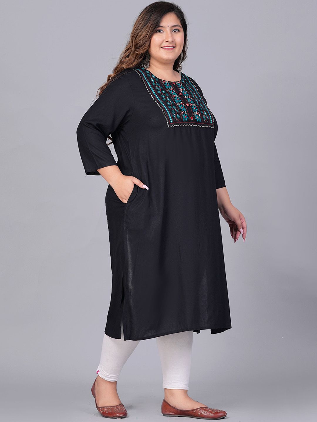 Sztori Plus Size Floral Embroidered Yoke Mirror Work Straight Kurta