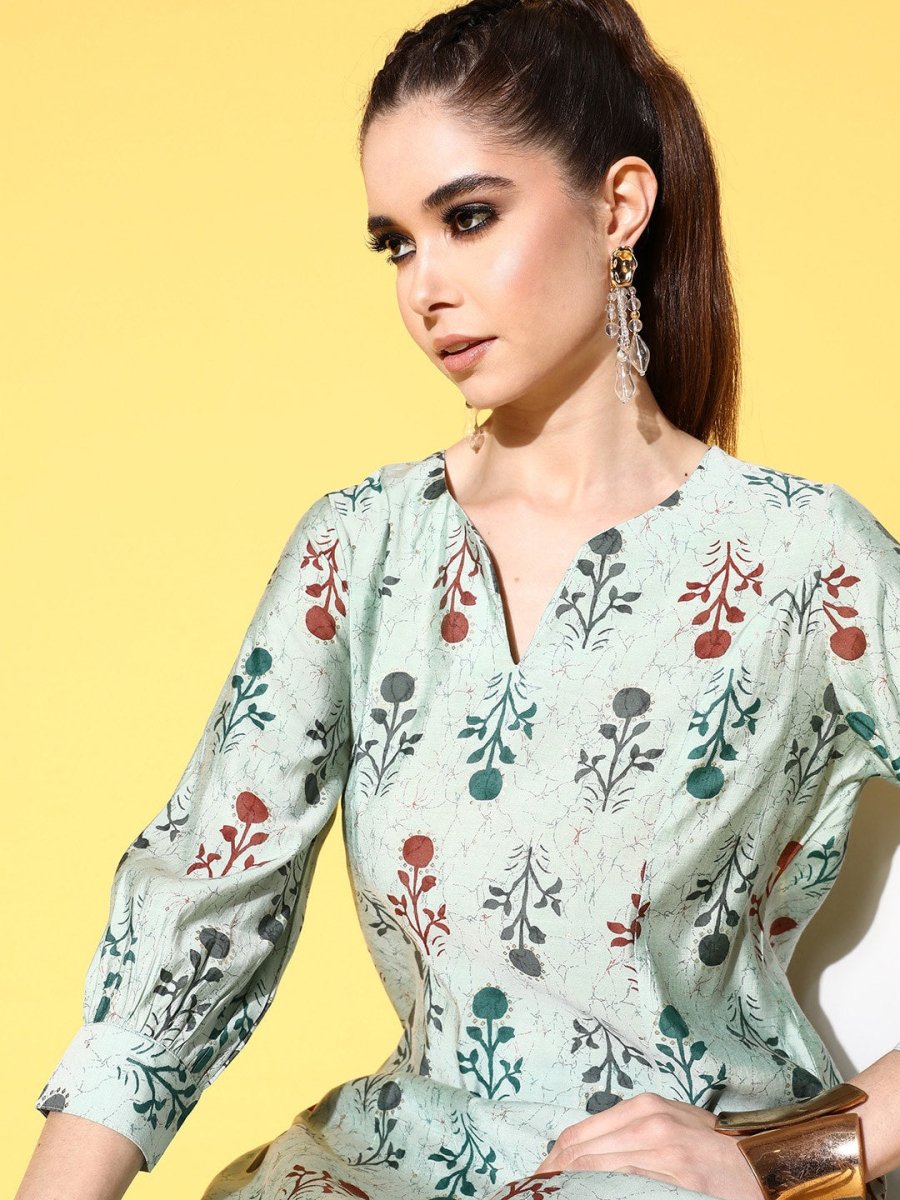 All About You Women Calm Green Ethnic Motifs Print Parade Kurta with Trousers