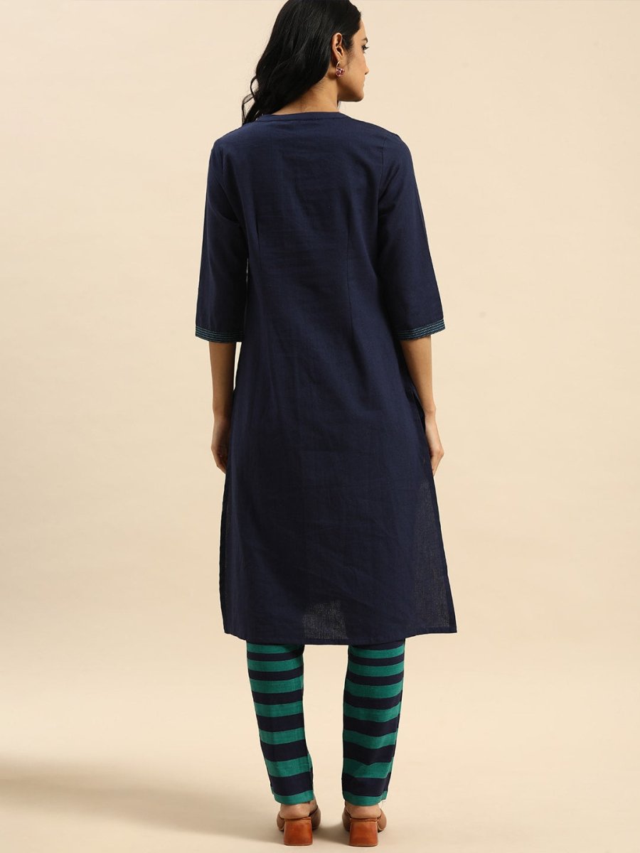 All About You Women Blue & Green Pure Cotton Kurta with Trousers