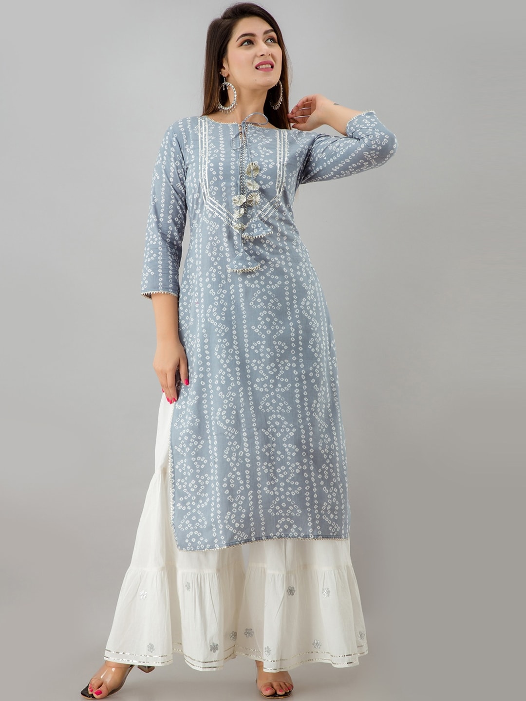 HERE&NOW Grey Bandhani Printed Gotta Patti Kurta with Sharara