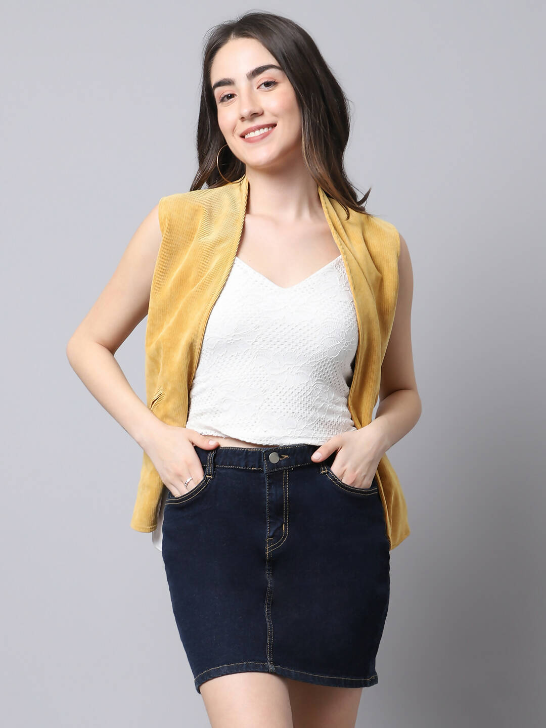 Even Apparels Mustard Polyblend Open Front Women's Waistcoat
