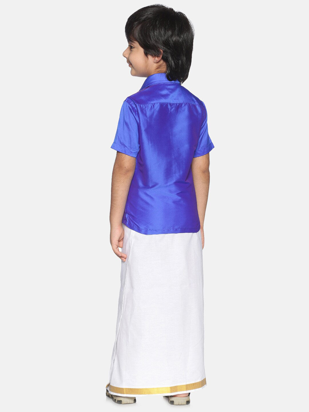 Sethukrishna Boys Blue & White Solid Shirt with Veshti Set