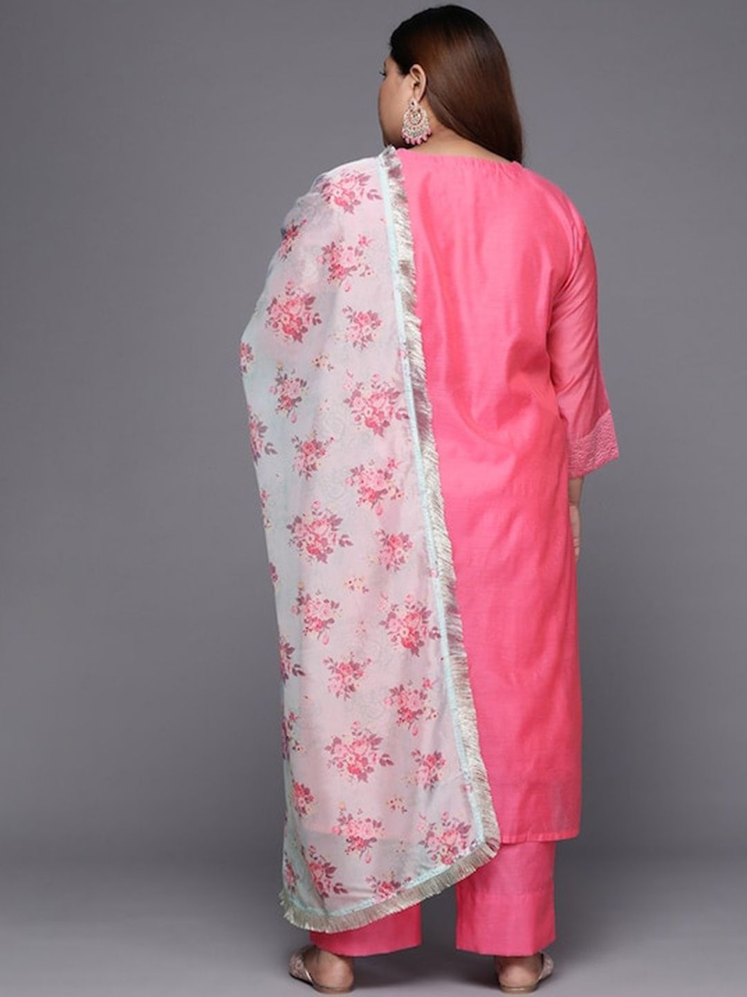 Sztori Plus Size Ethnic Yoke Design Regular Chanderi Silk Kurta & Trousers With Dupatta