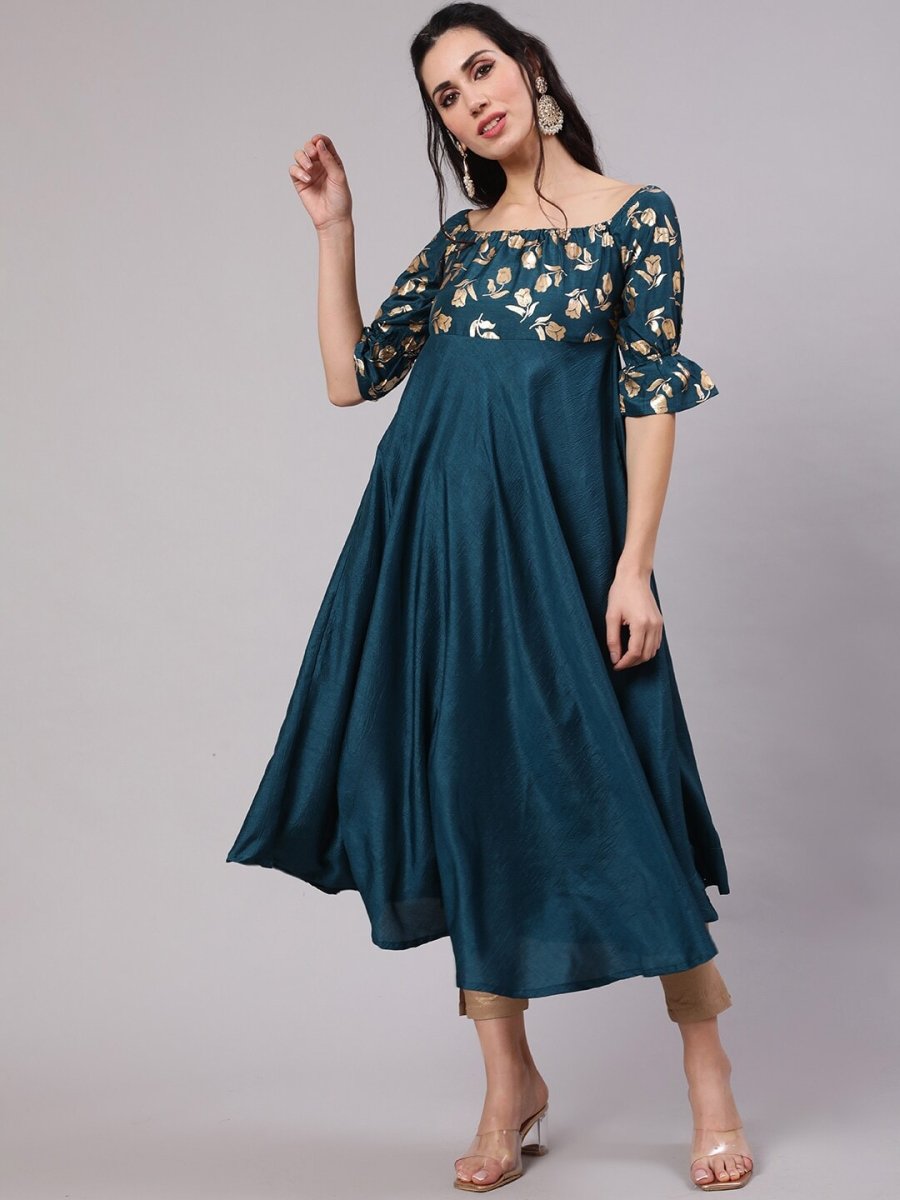 Aks Floral Printed Square Neck Anarkali Kurta