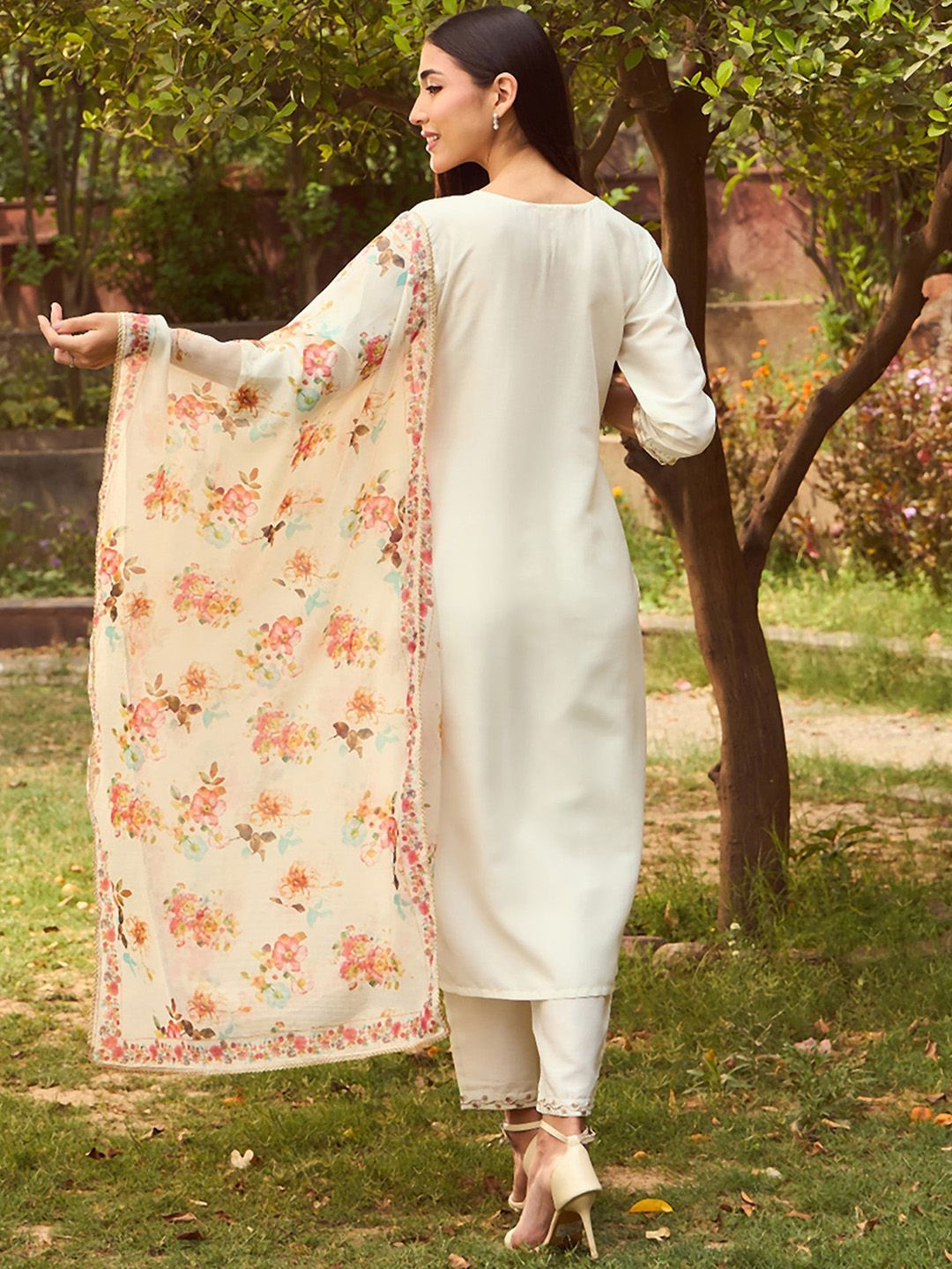 Indo Era White Floral Yoke Design Tie-Up Neck Straight Kurta With Trousers & Dupatta