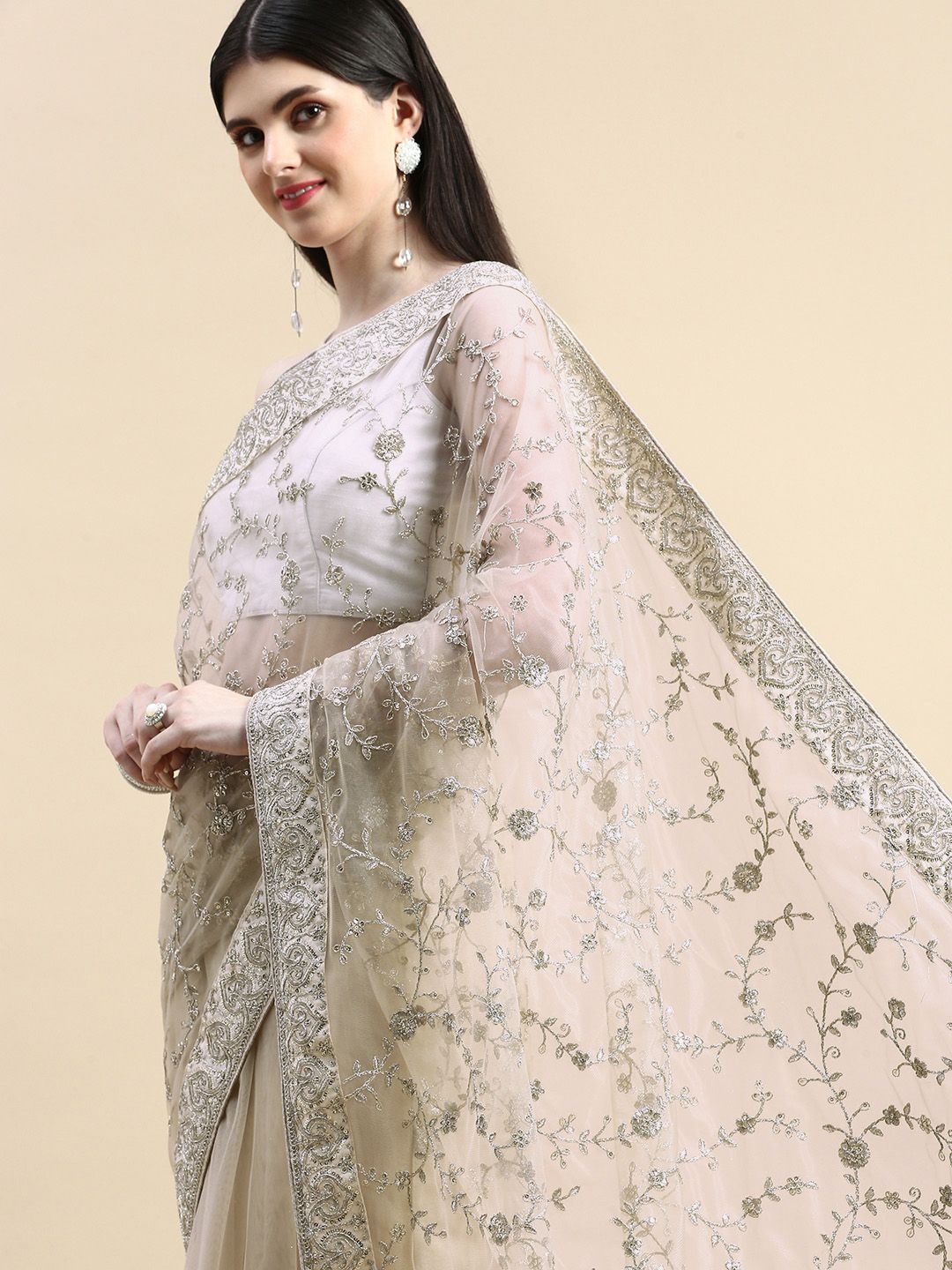 kasee Floral Embroidered Sequinned Net Saree