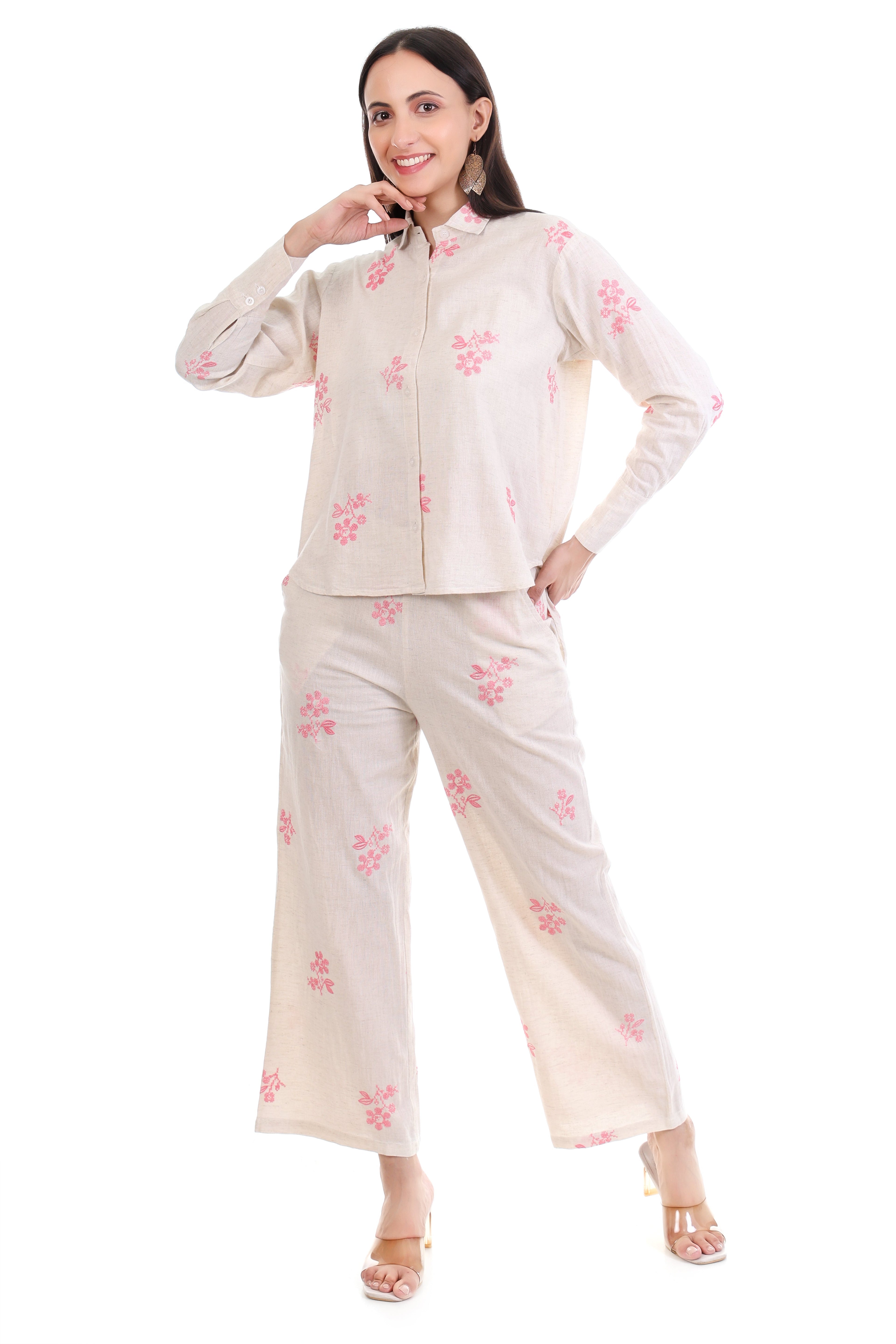 Jaitra Apparels Off White Embroidered Premium Pure Cotton Co-Ord Set For Women