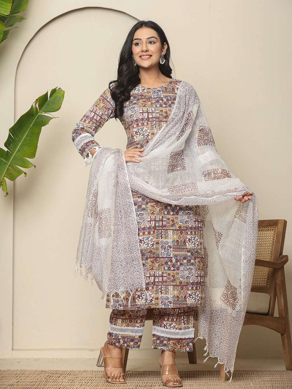 Yufta Beige Cotton Geometric Print Straight Kurta Pant Dupatta Set