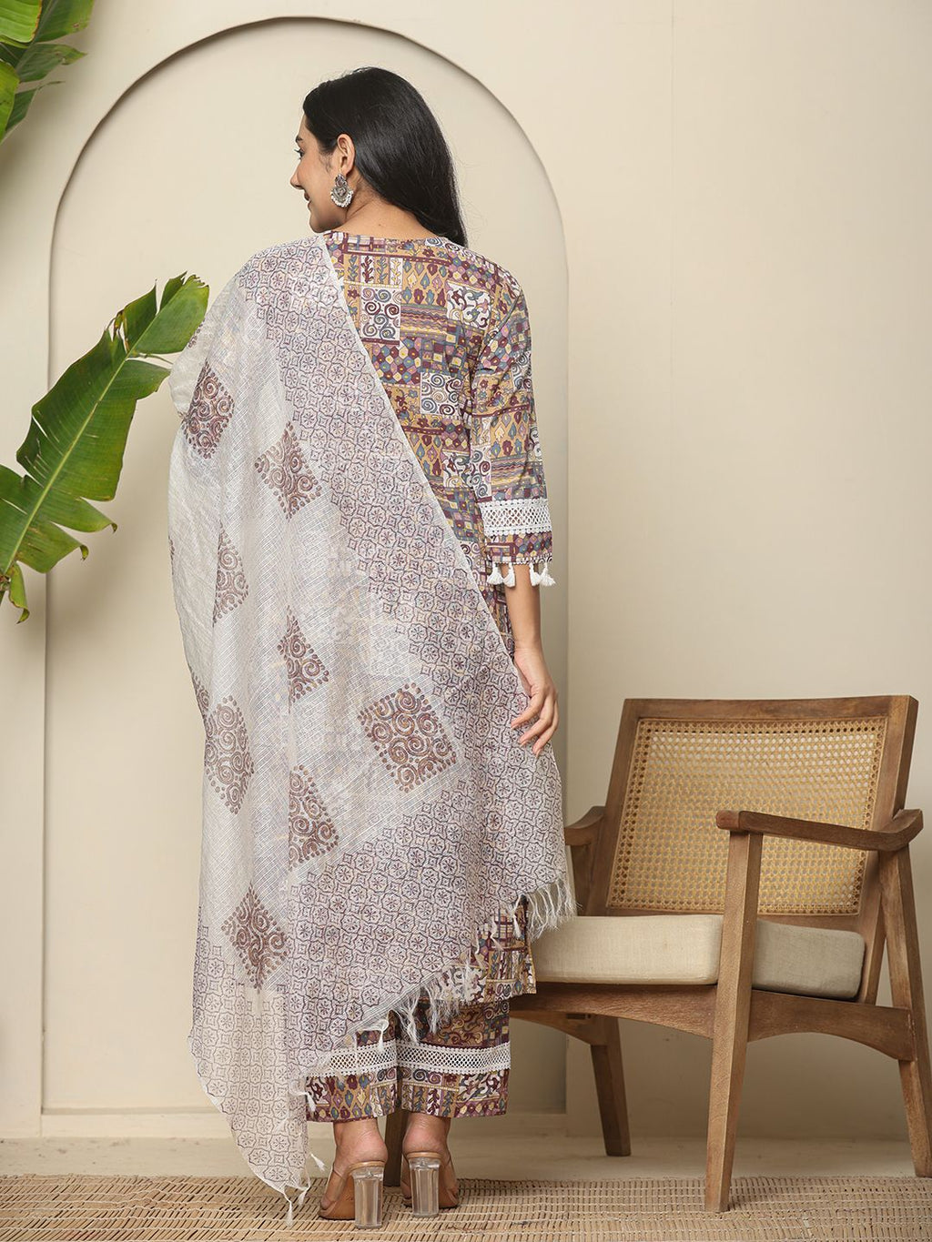 Yufta Beige Cotton Geometric Print Straight Kurta Pant Dupatta Set