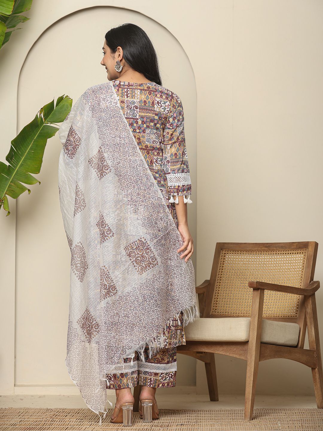 Yufta Beige Cotton Geometric Print Straight Kurta Pant Dupatta Set