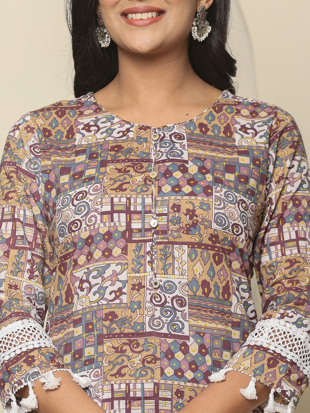 Yufta Beige Cotton Geometric Print Straight Kurta Pant Dupatta Set