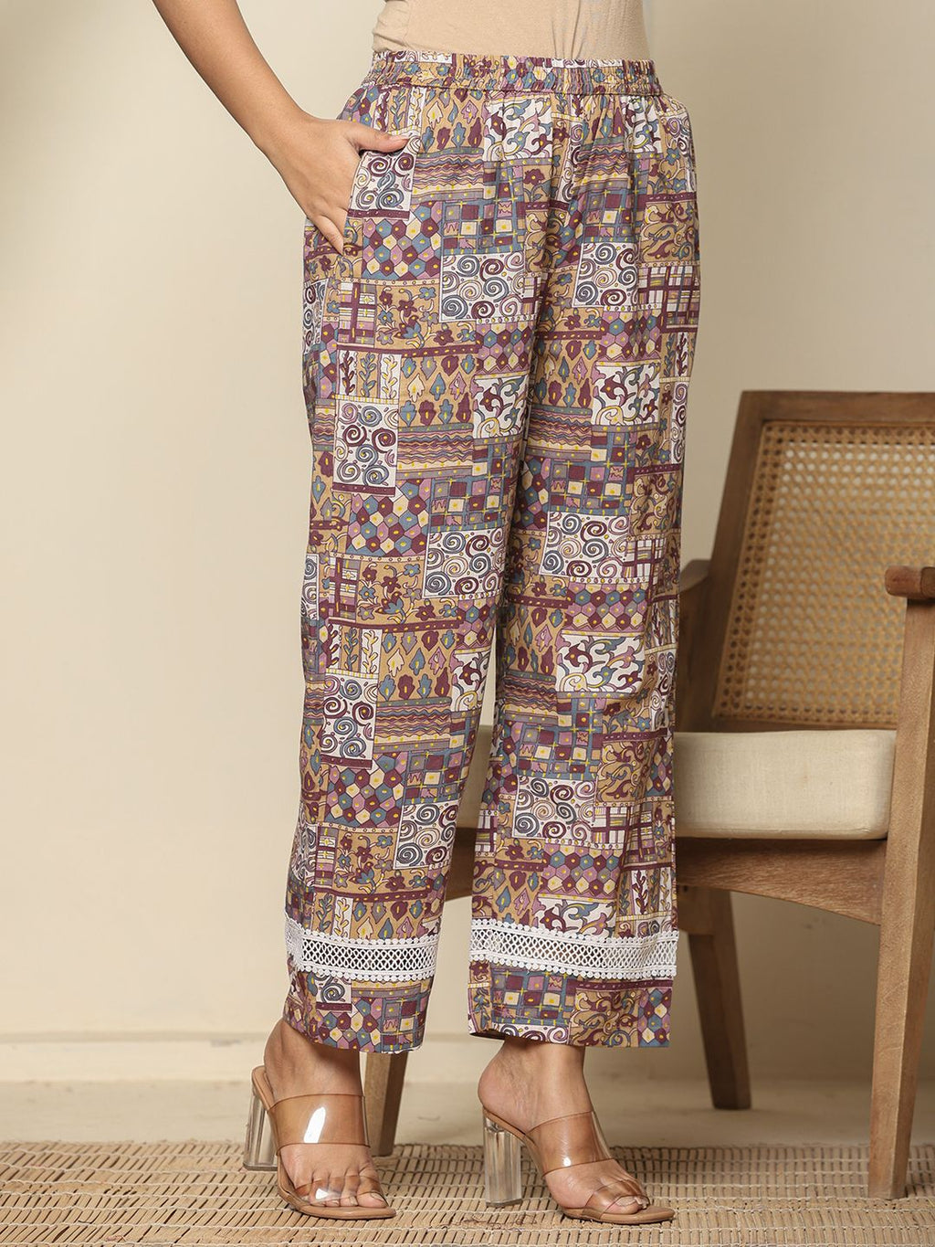 Yufta Beige Cotton Geometric Print Straight Kurta Pant Dupatta Set
