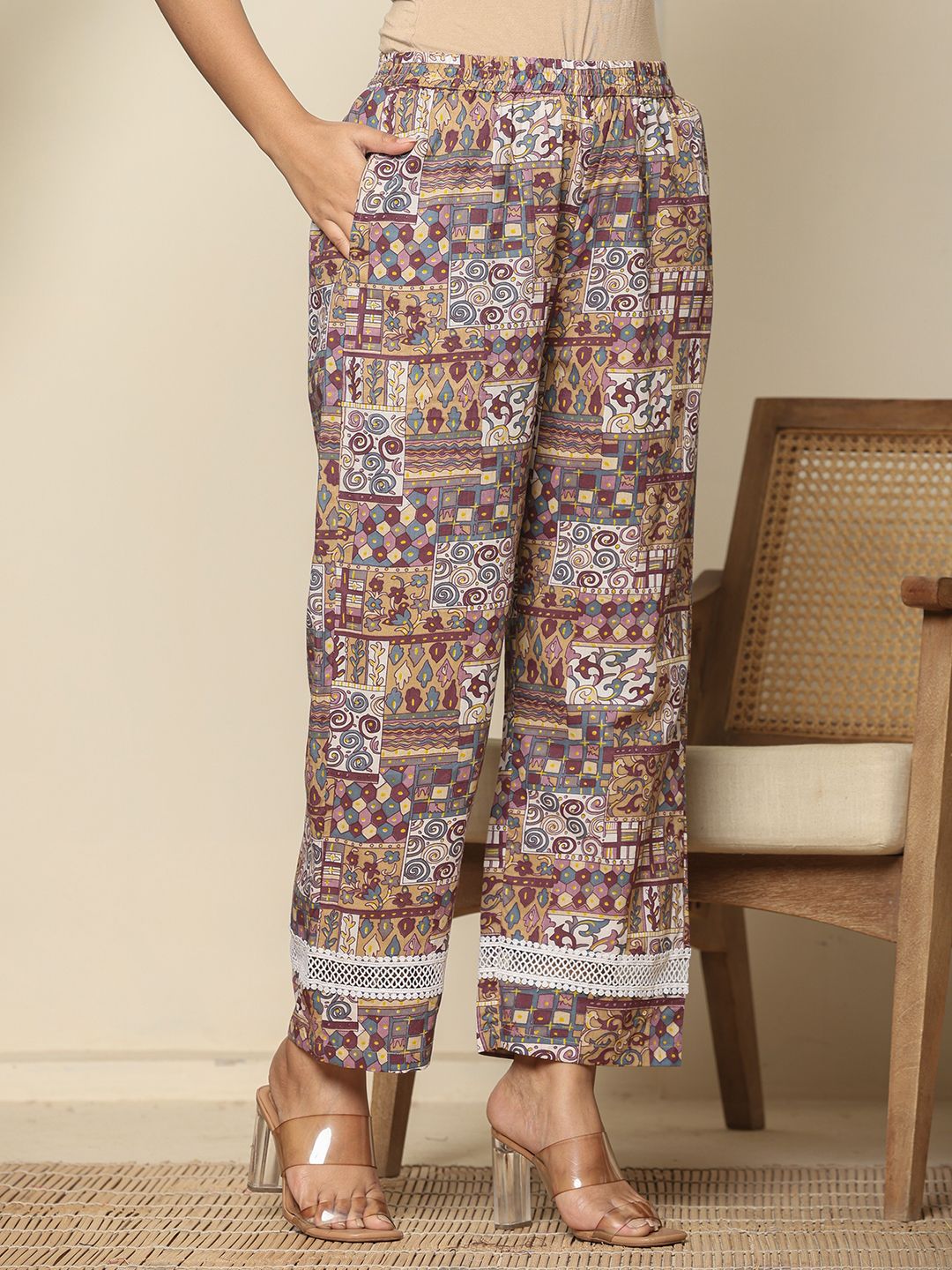Yufta Beige Cotton Geometric Print Straight Kurta Pant Dupatta Set