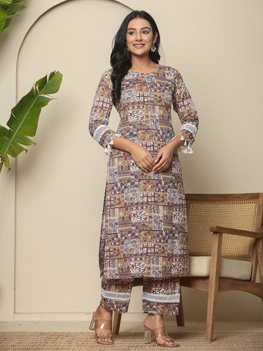 Yufta Beige Cotton Geometric Print Straight Kurta Pant Dupatta Set