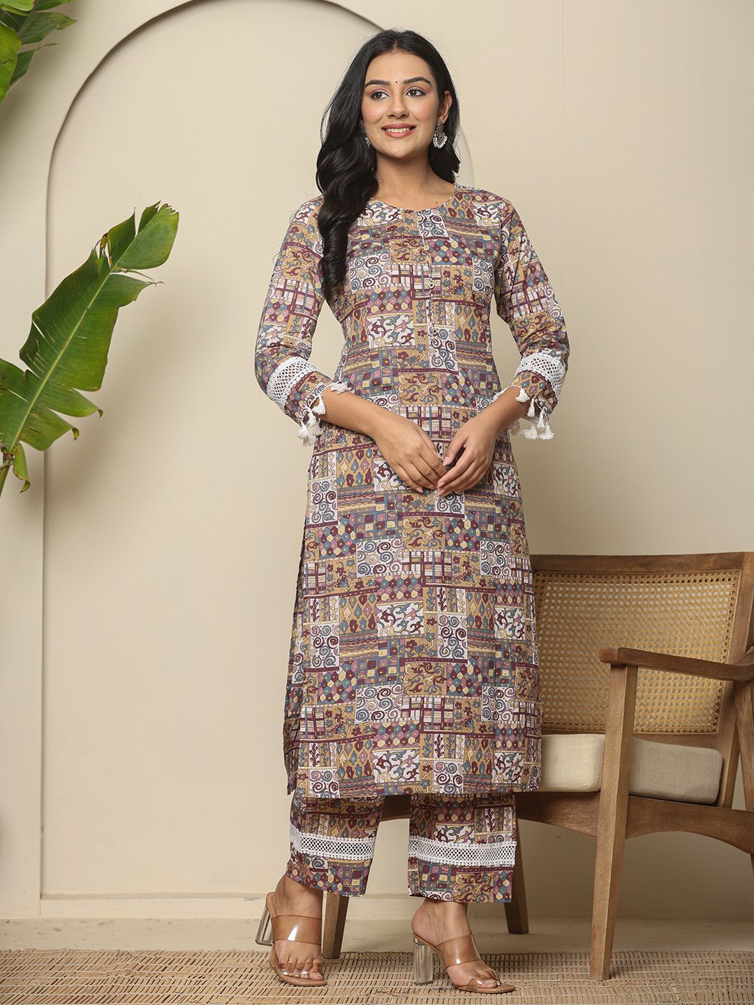 Yufta Beige Cotton Geometric Print Straight Kurta Pant Dupatta Set