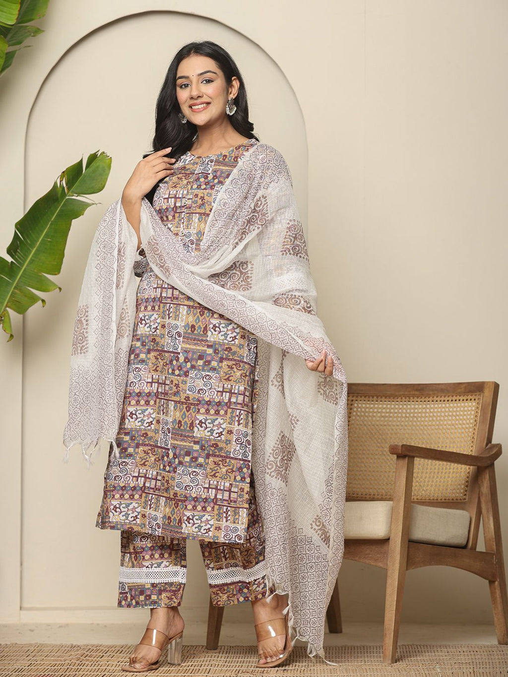 Yufta Beige Cotton Geometric Print Straight Kurta Pant Dupatta Set