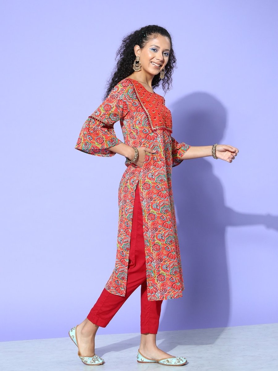All About You Women Orange & Green Floral Printed Bell Sleeves Gotta Patti Kurta