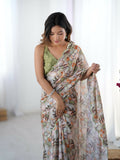Off White Chinon Designer Digital Printed,Mirror Cut Work Saree - Manvika
