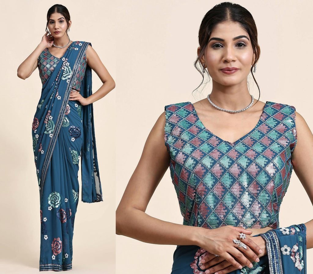 Blue Pure Georgette Sequence work Ready to wear Saree with stitched Blouse - Nirvana