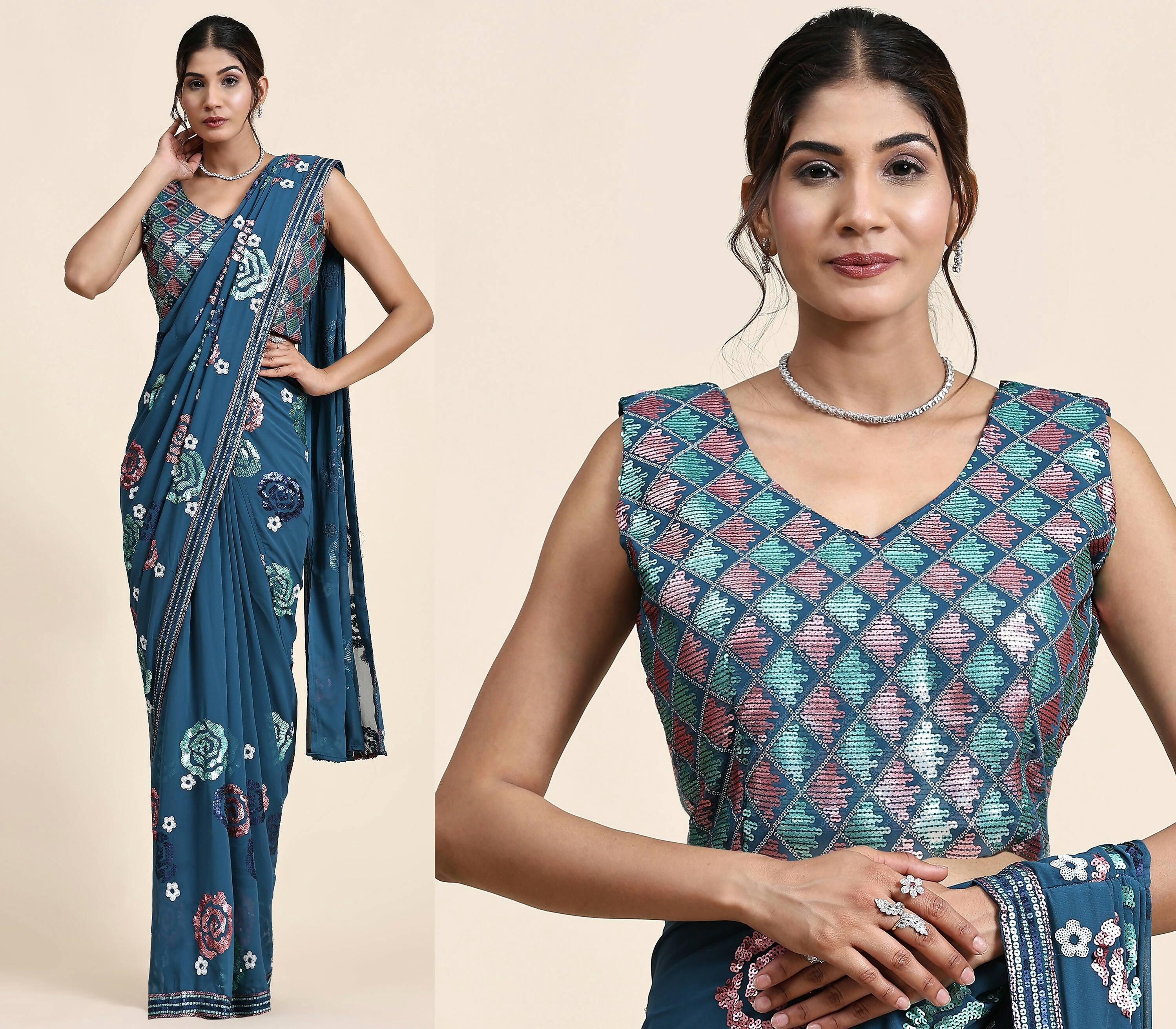 Blue Pure Georgette Sequence work Ready to wear Saree with stitched Blouse - Nirvana