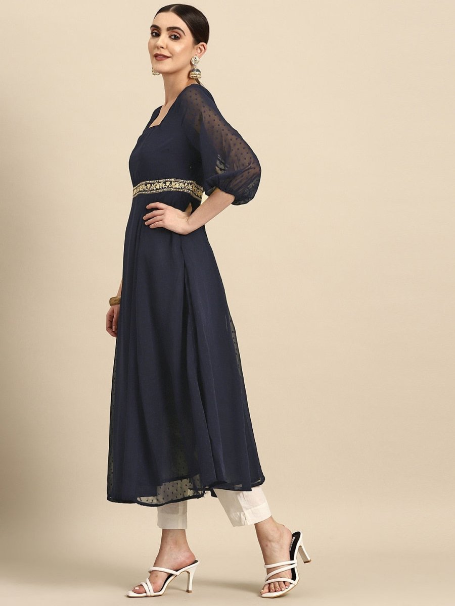 All About You Square Neck Dobby Weave A-Line Kurta With Dupatta