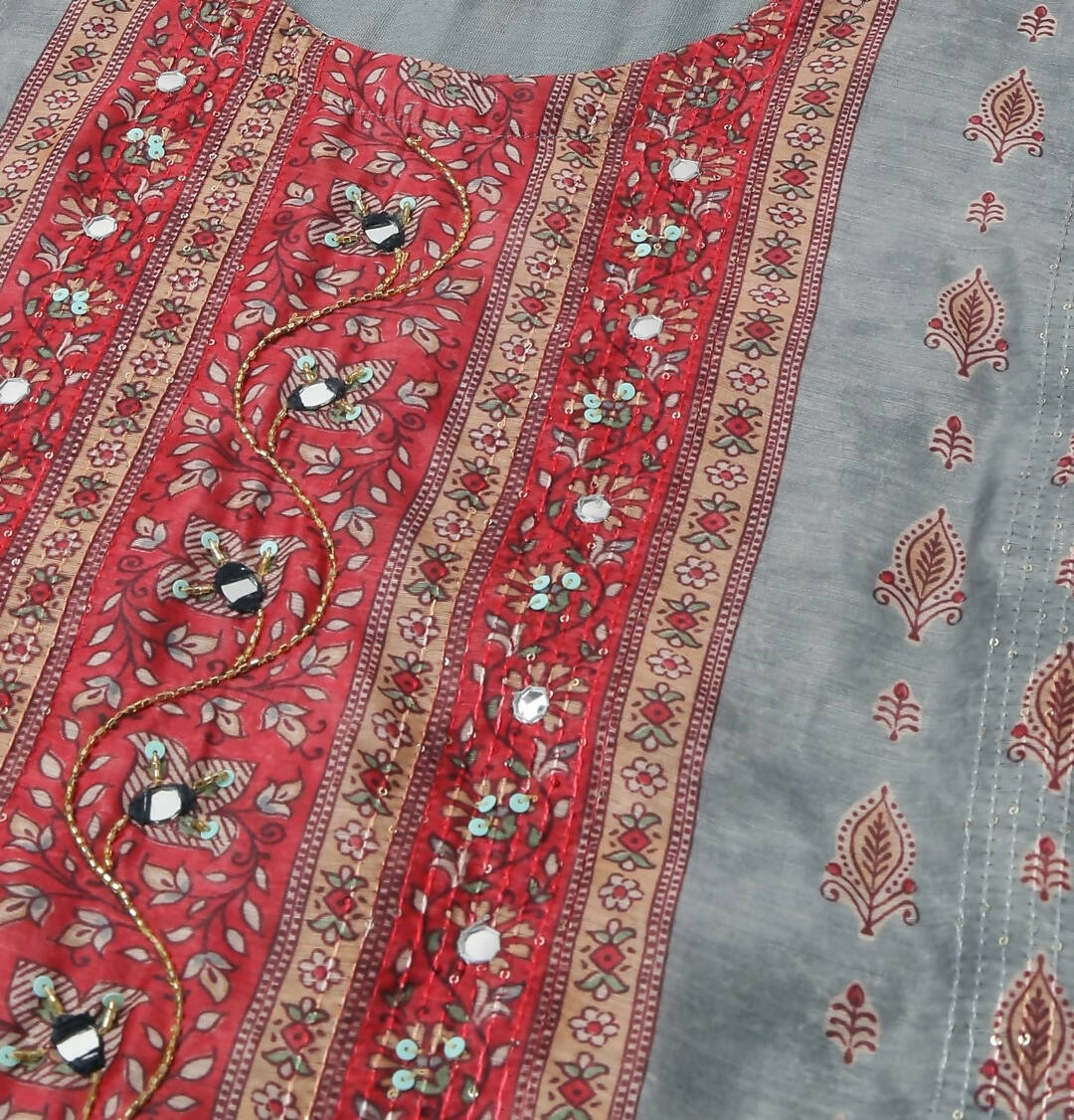Grey Chinon Digital Printed With Hand Work Kurta - Himanshi