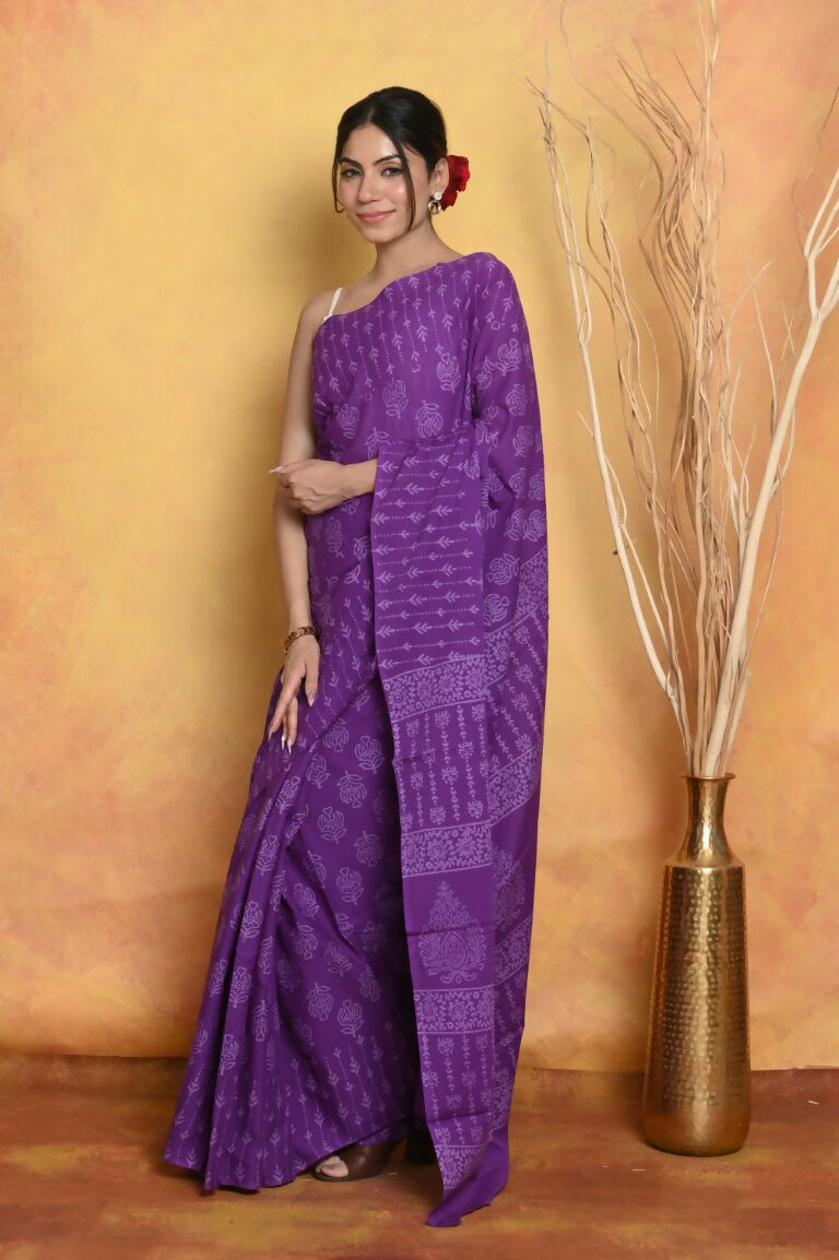 Very Much Indian Handblock Printed Cotton Saree With Natural Dyes - Purple