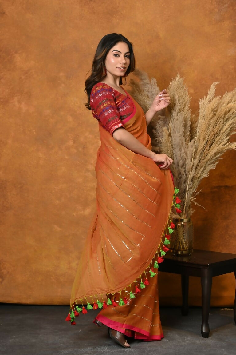 Very Much Indian Designer Mul Cotton Handloom Saree with Sequins - Orange