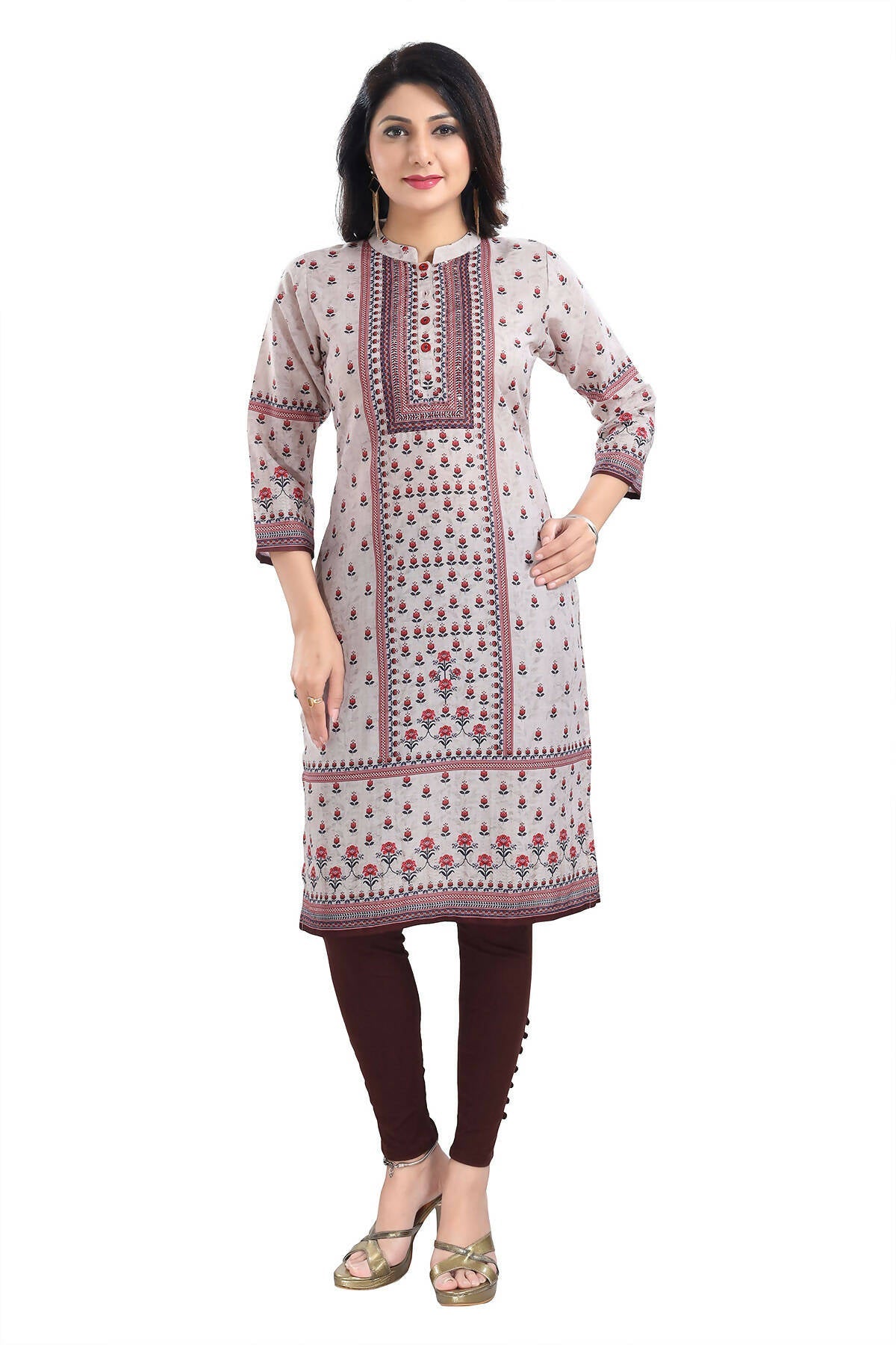 Snehal Creations Charming Cream Digital Print Cotton Slub Long Kurti Tunic