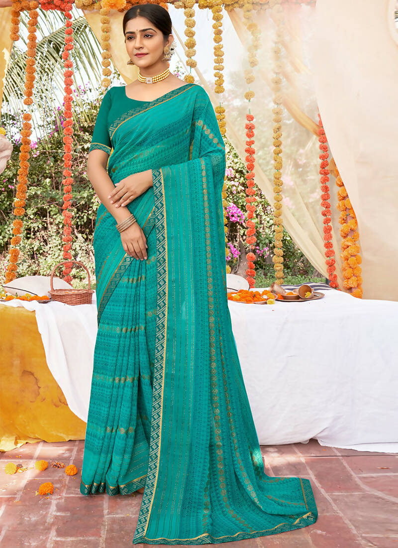 Sea Green Georgette Foil Printed Saree with Unstitched Blouse Piece - Avika
