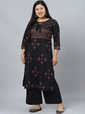 Sztori Plus Size Black Printed Keyhole Neck Straight Kurta with Palazzos