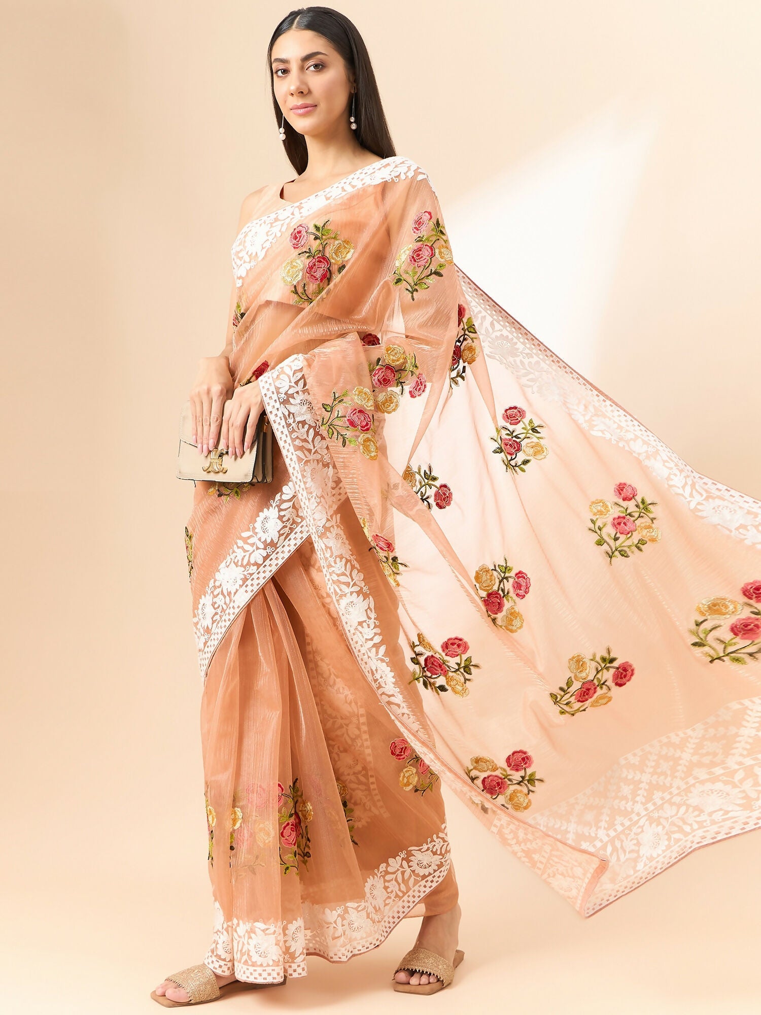 Peach Organza Floral Embroidered Saree with Unstitched Blouse Piece - Roozal