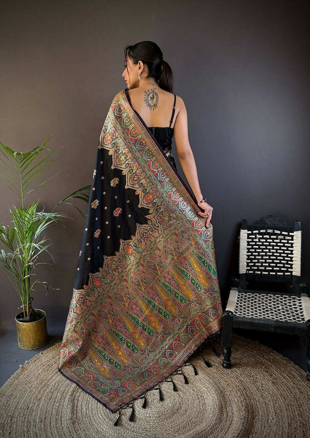 Joban Fashion Black Meena Weaves Pashmina Sarees