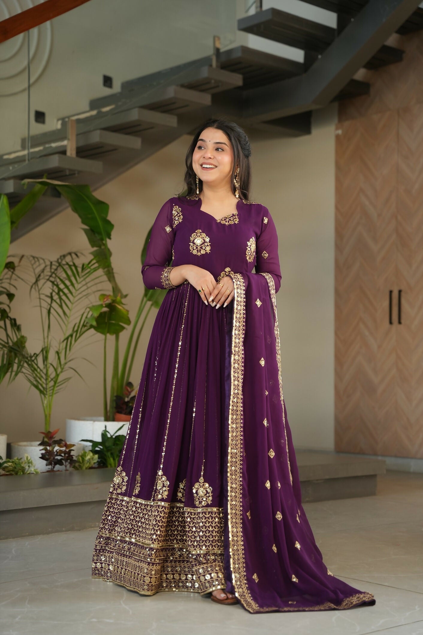Joban Fashion Wine Georgette Sequence Embroidery Work Kurta Set