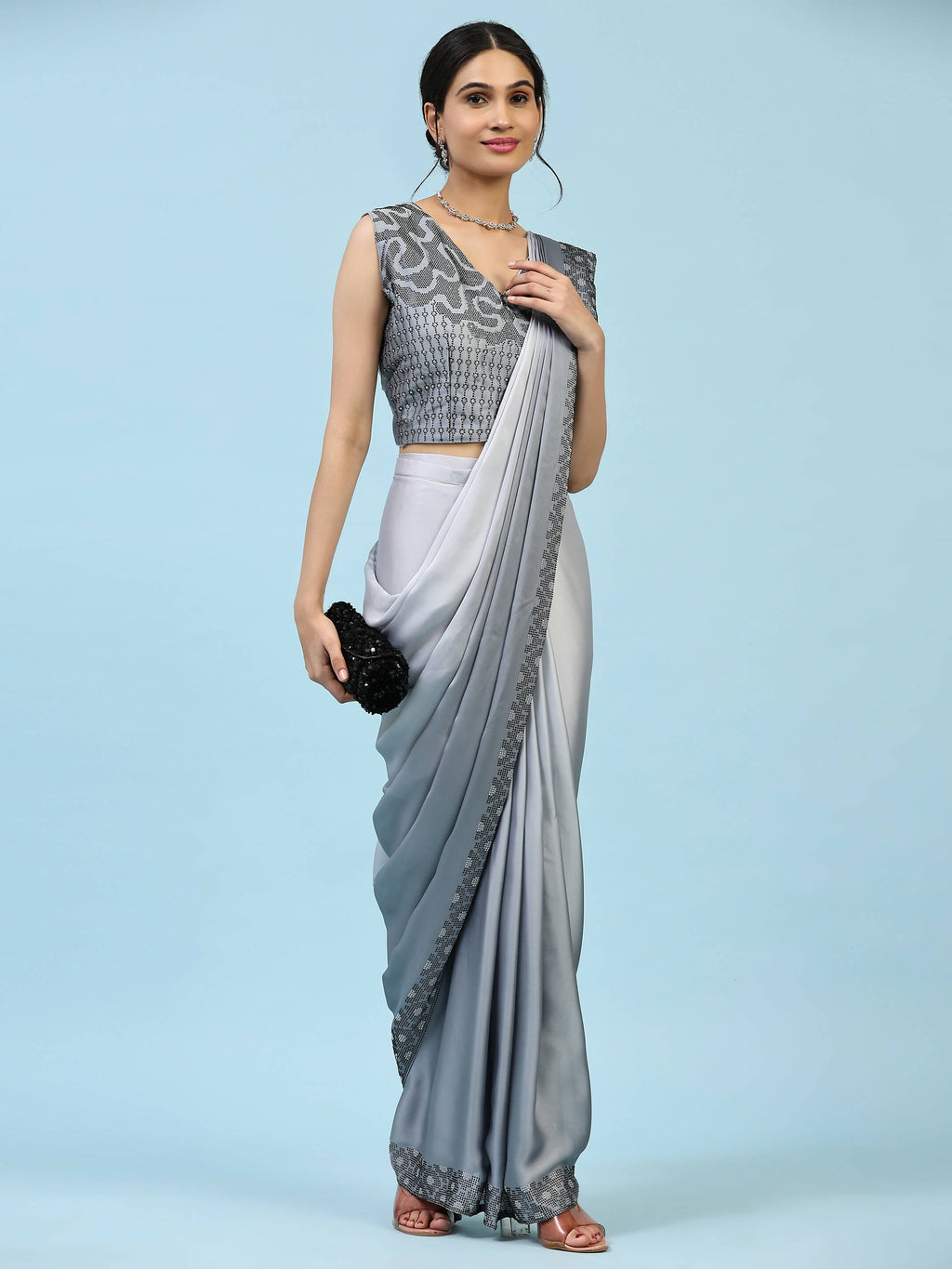 Grey Ombre Satin Georgette Plain Ready to wear Saree with stitched Blouse - Vrinda