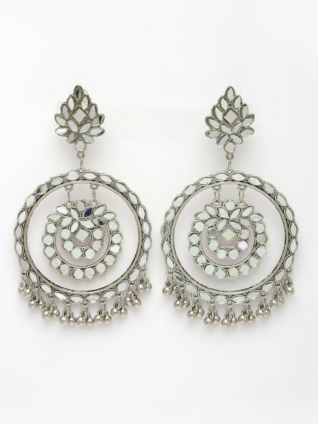 NVR Women's Silver-Toned Mirror Work Oxidised Contemporary Drop Earrings