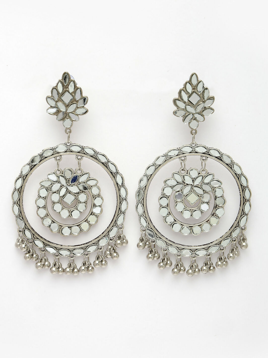 NVR Women's Silver-Toned Mirror Work Oxidised Contemporary Drop Earrings