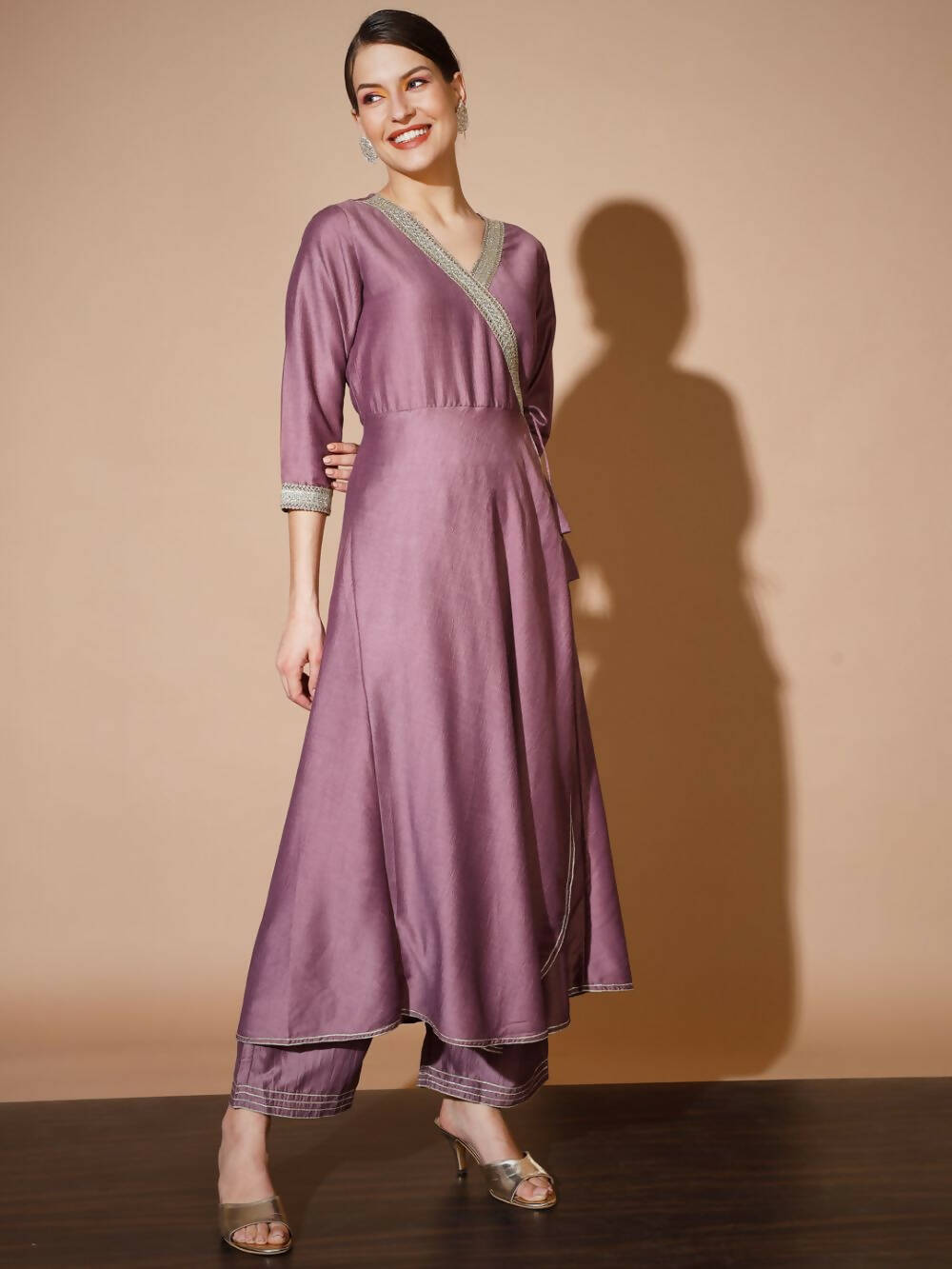 Myshka Women Mauve Solid Kurta & Palazzos With Dupatta