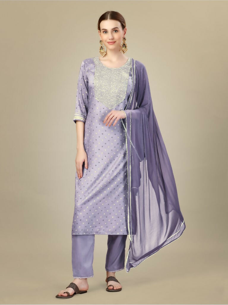 Jyoti Fashion Women's Lavender Silk Blend Embroidery & Sequence work Kurta with Trouser & Dupatta